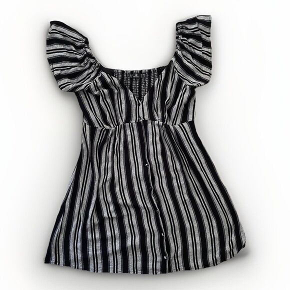 VOLCOM True To This Mini Dress M Ruffle Sleeve Stripes Sexy Babydoll button up - Picture 1 of 9